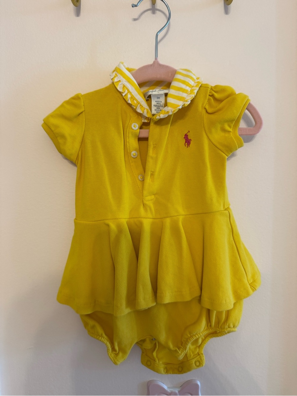 Ralph Lauren Yellow Polo Peplum Romper with Striped Collar